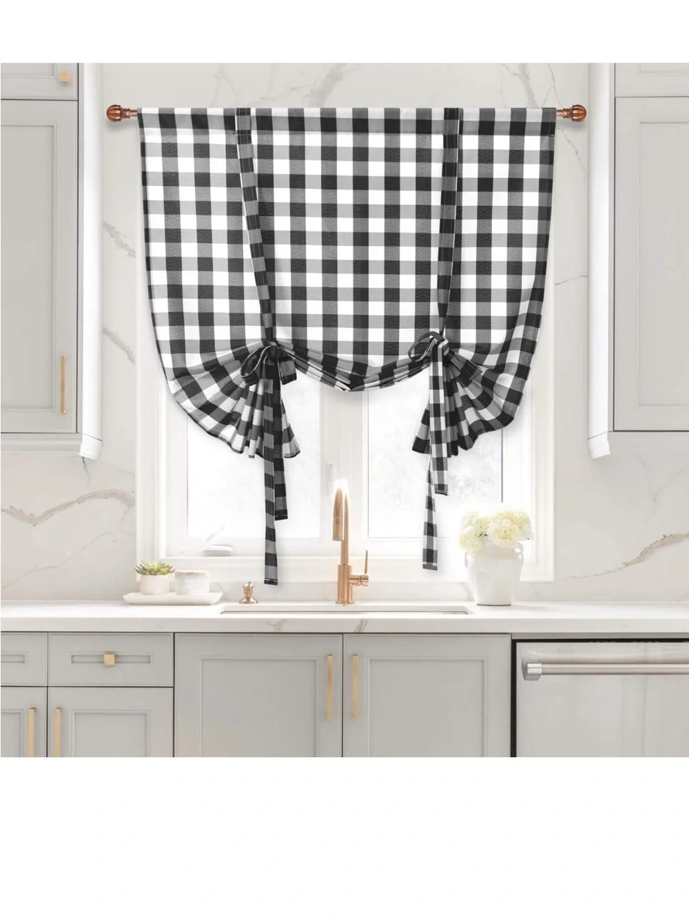 Black and White Buffalo Check Tie-Up Kitchen Curtain